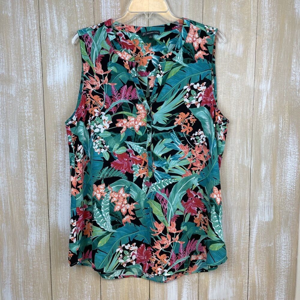 Adrianna Papell Women’s XL Tropical Floral Sleeveless Blouse Teal Pink Top